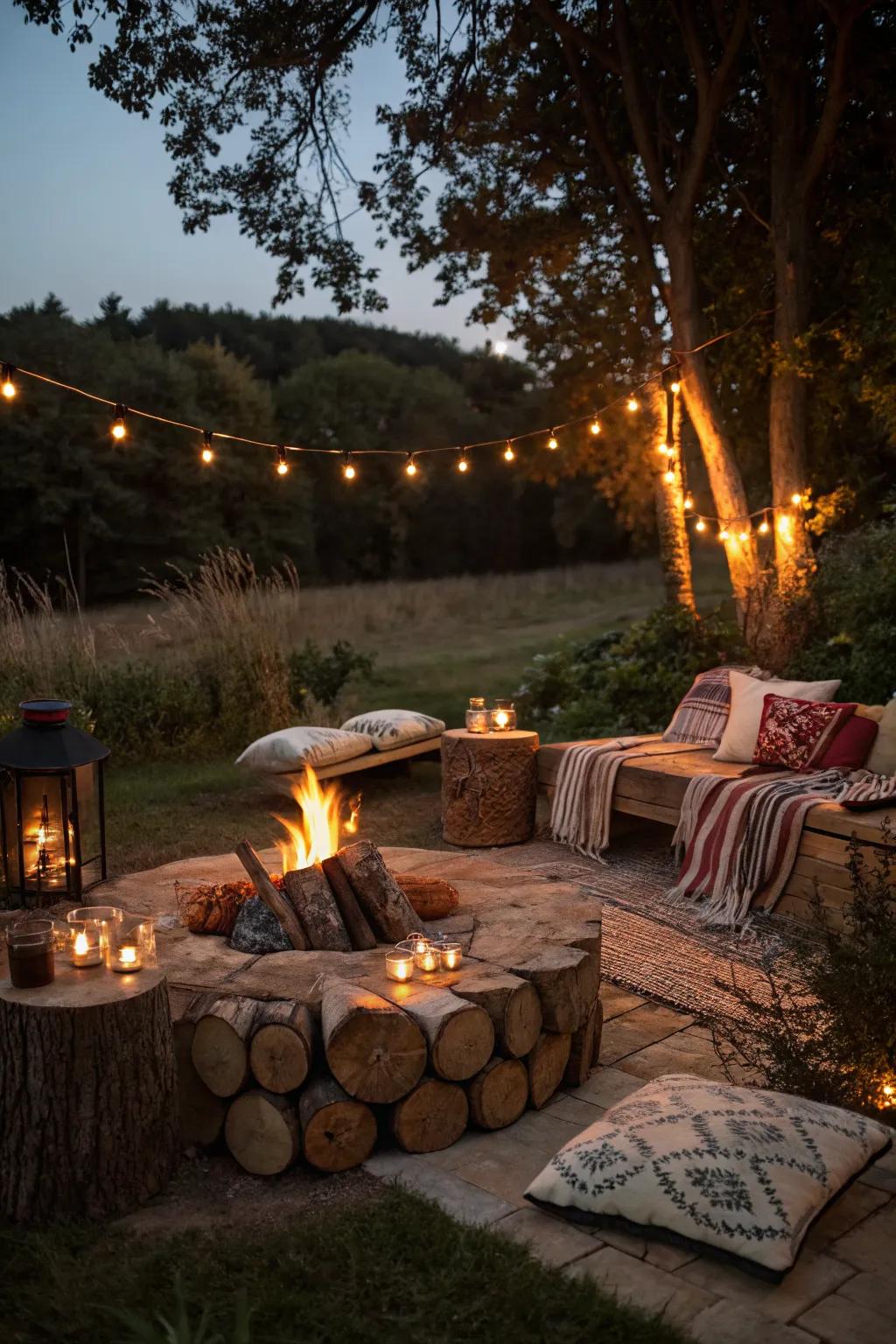 Surrounding lights add a magical touch to the fire pit experience.