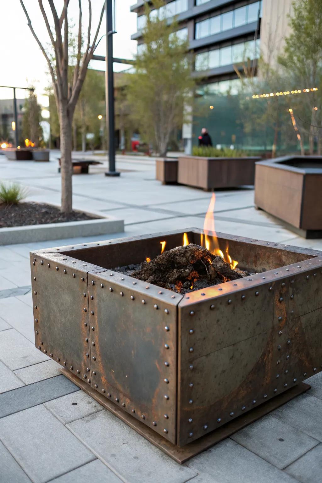 Industrial-style fire pits bring a rugged edge to your outdoor space.