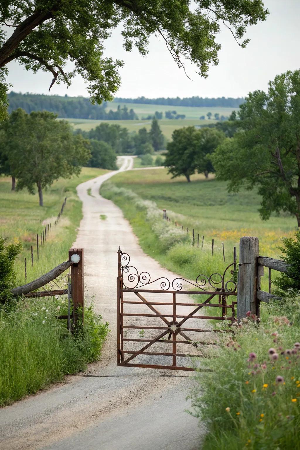 A long driveway adds drama and anticipation to this ranch entrance.