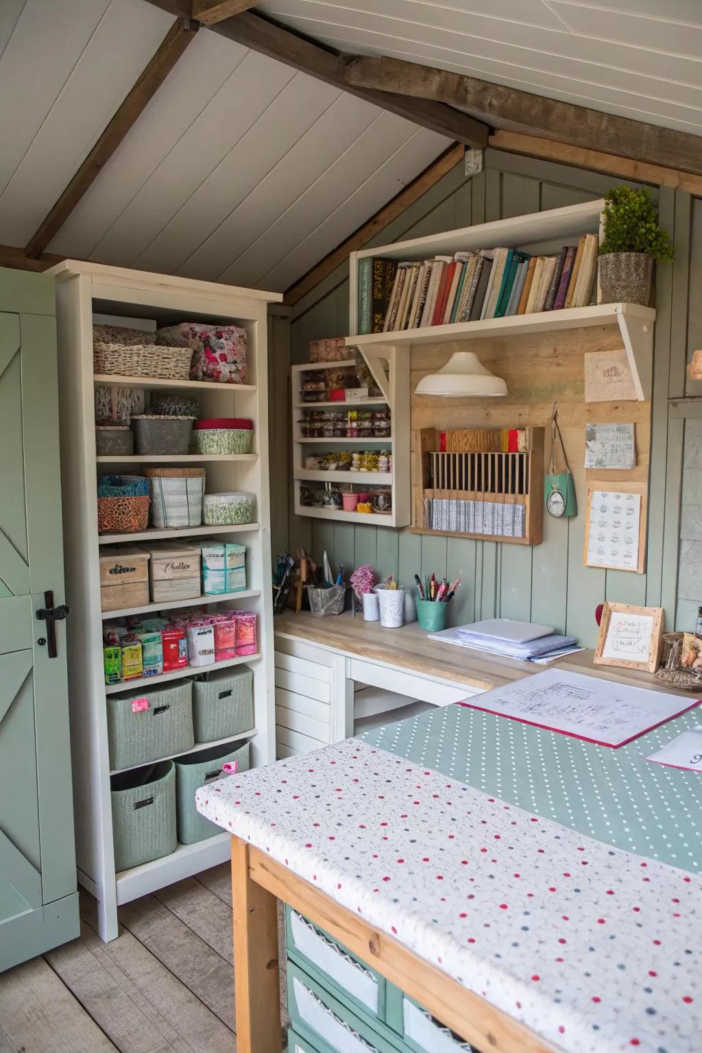 A crafting corner with organized storage and a worktable.