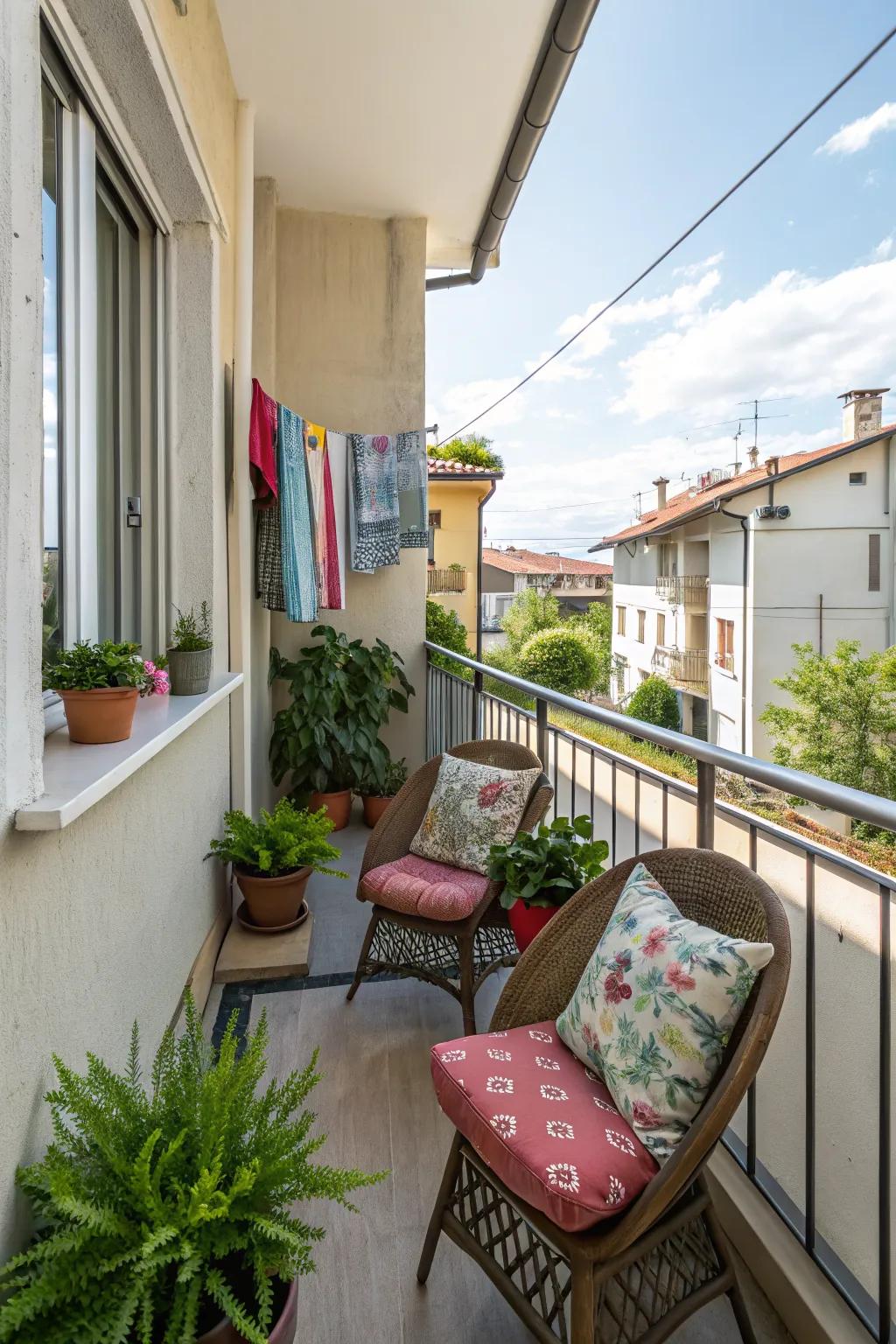 A small balcony seating area decorated with vibrant throw pillows.