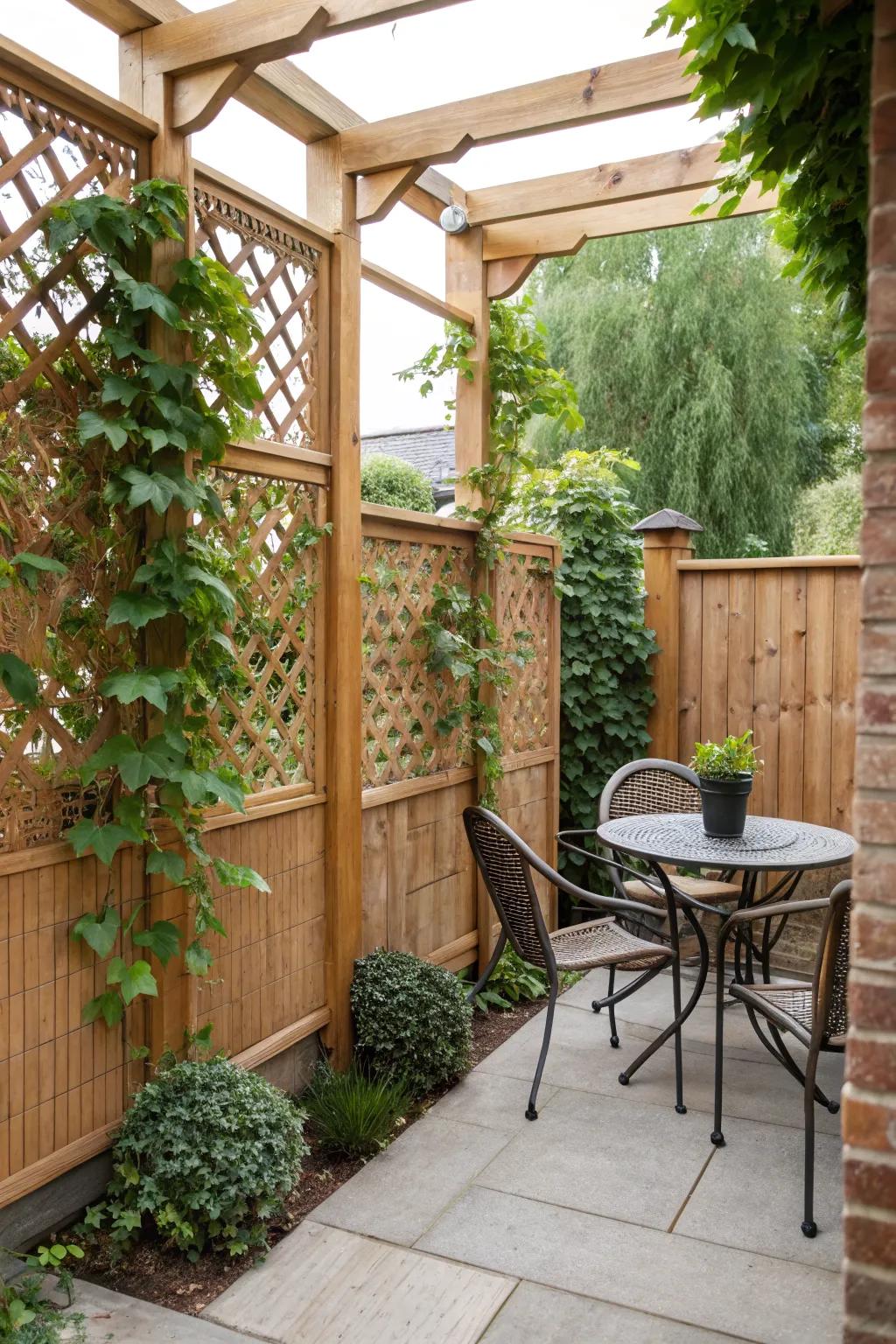 DIY privacy screens provide intimacy and a backdrop for plants
