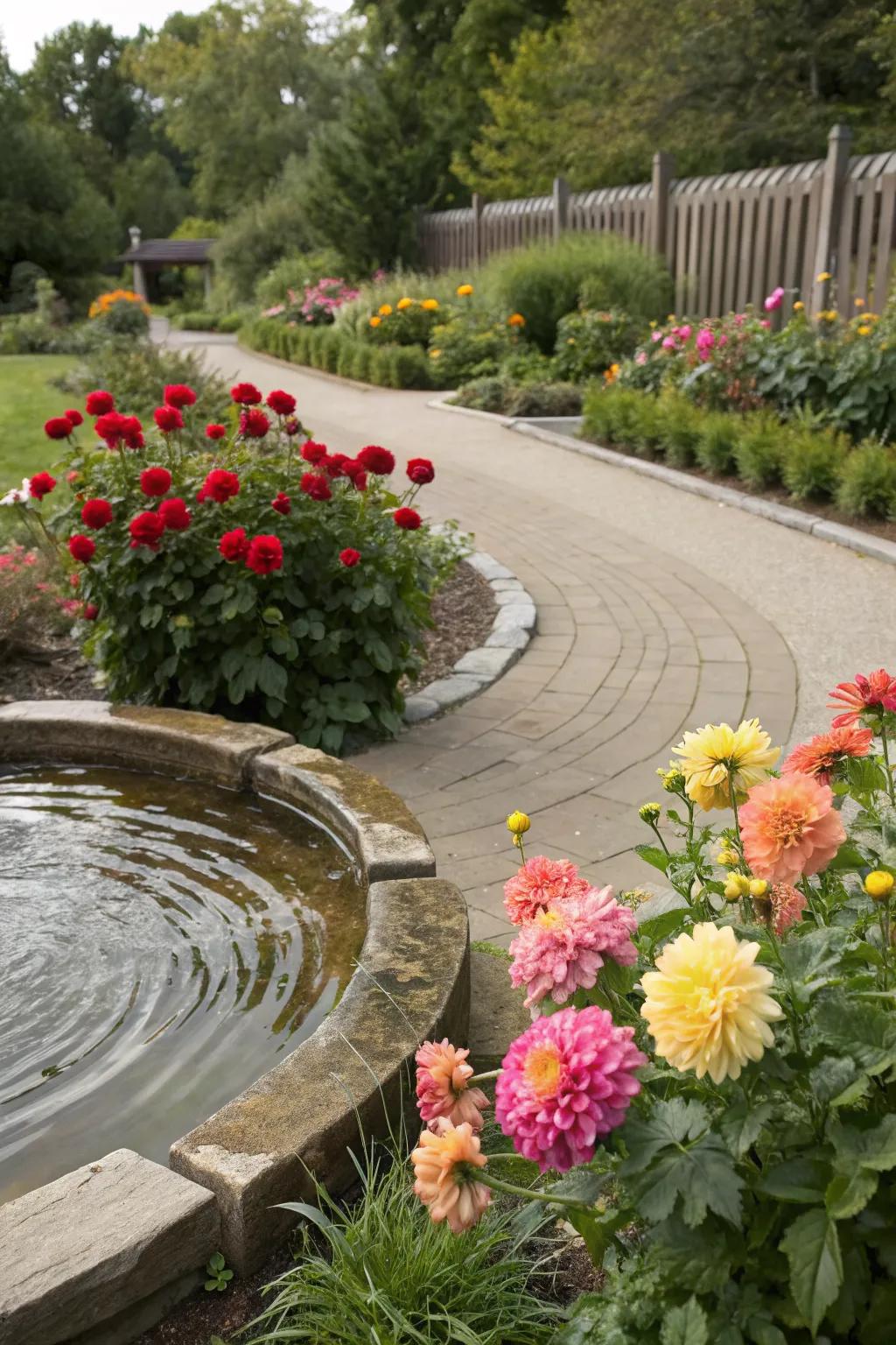 A water feature nestled in a dahlia bed adds tranquility and charm.