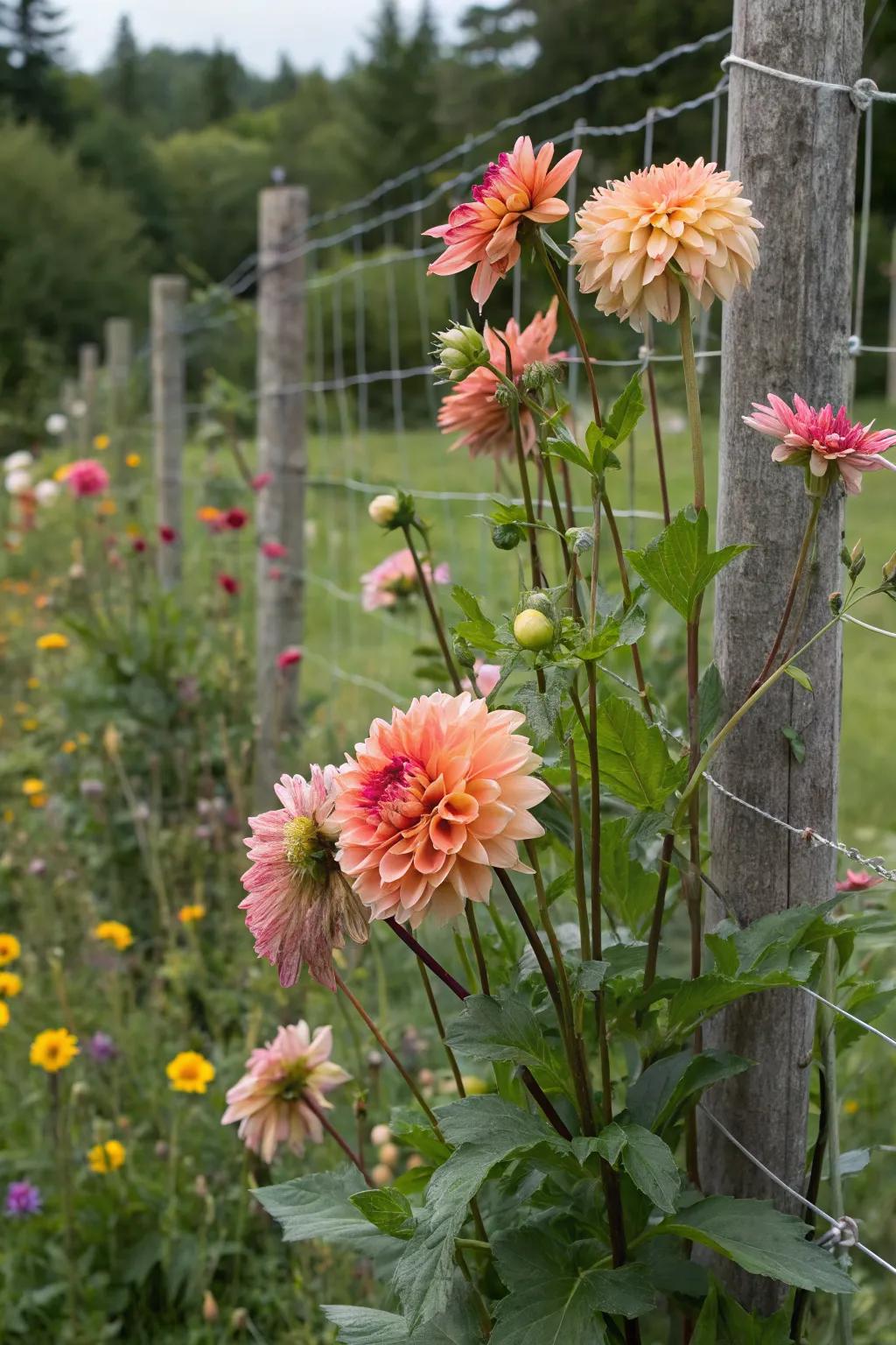 Concrete reinforcing wire providing discreet support to dahlias.