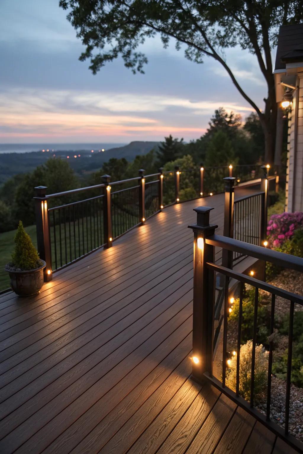 Subtle lighting transforms the deck into a magical evening spot.