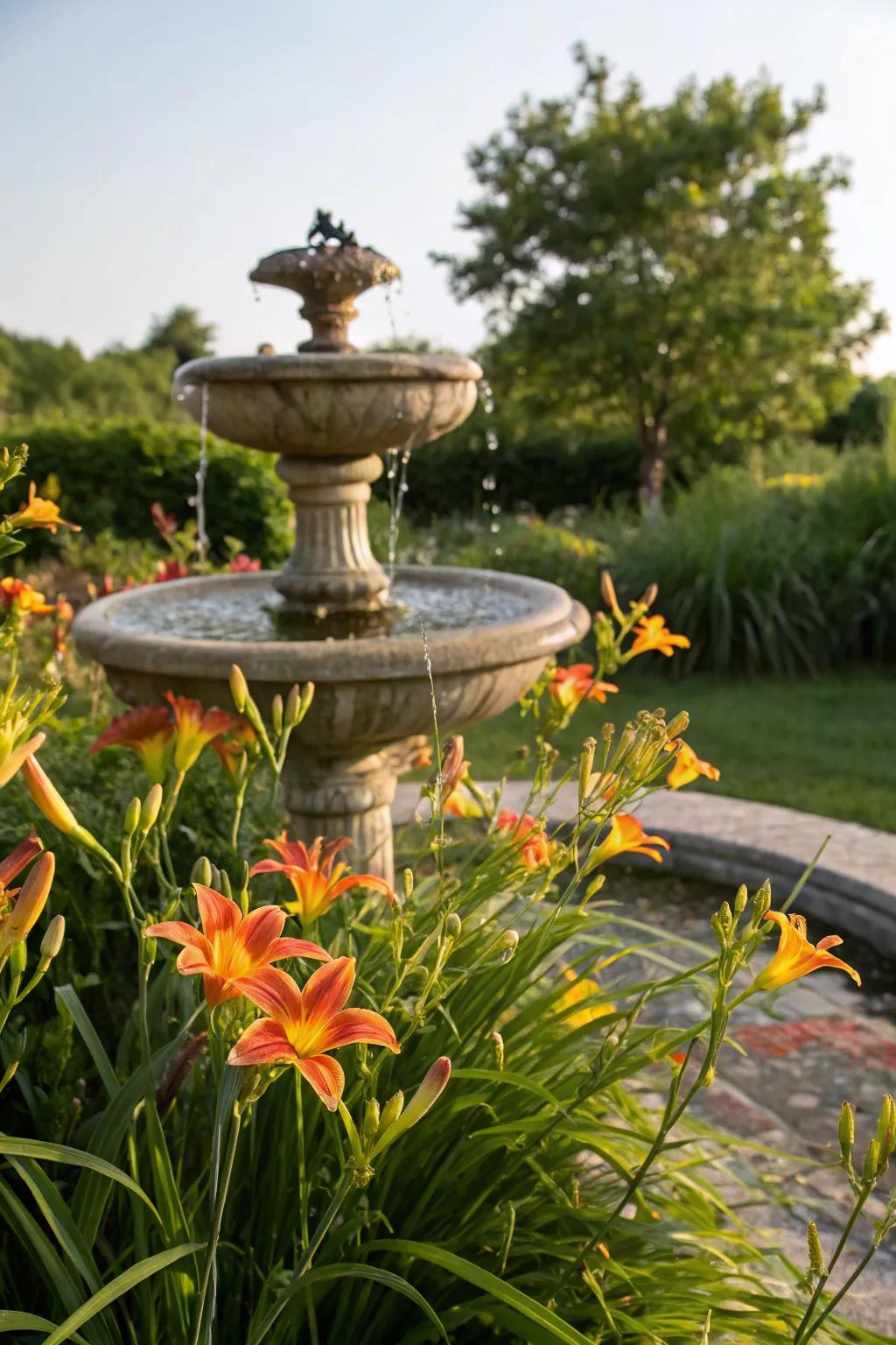 A surprise water feature among daylilies for extra charm.