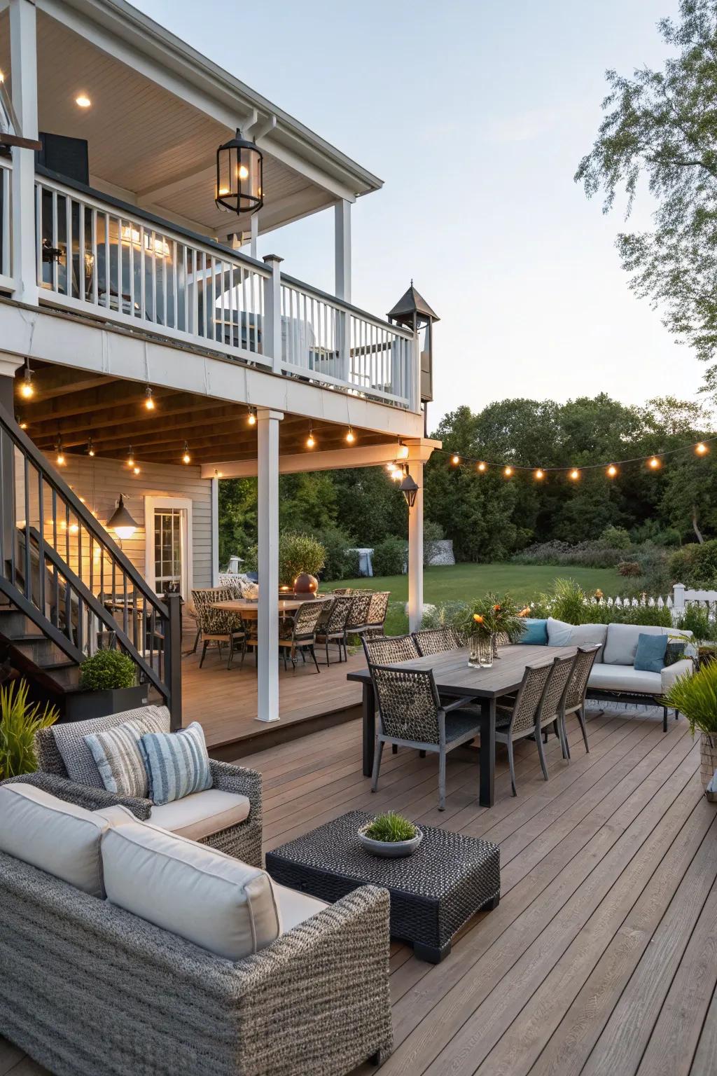 Multi-level decks enhance space and functionality.