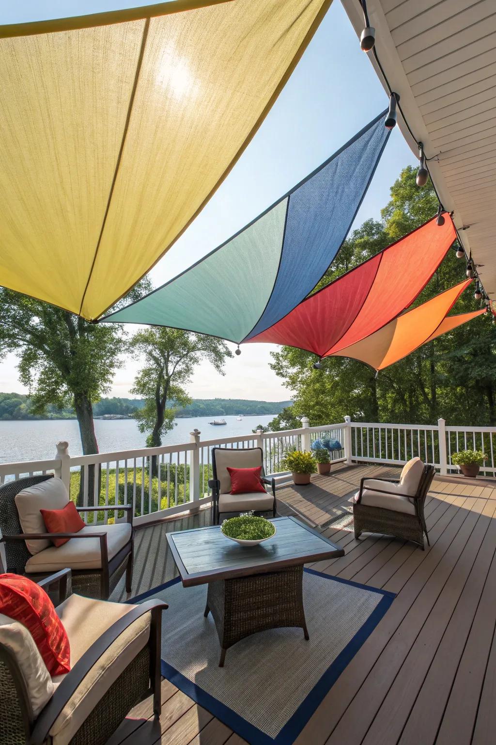 Stylish sun sails offering shade and elegance to a deck.