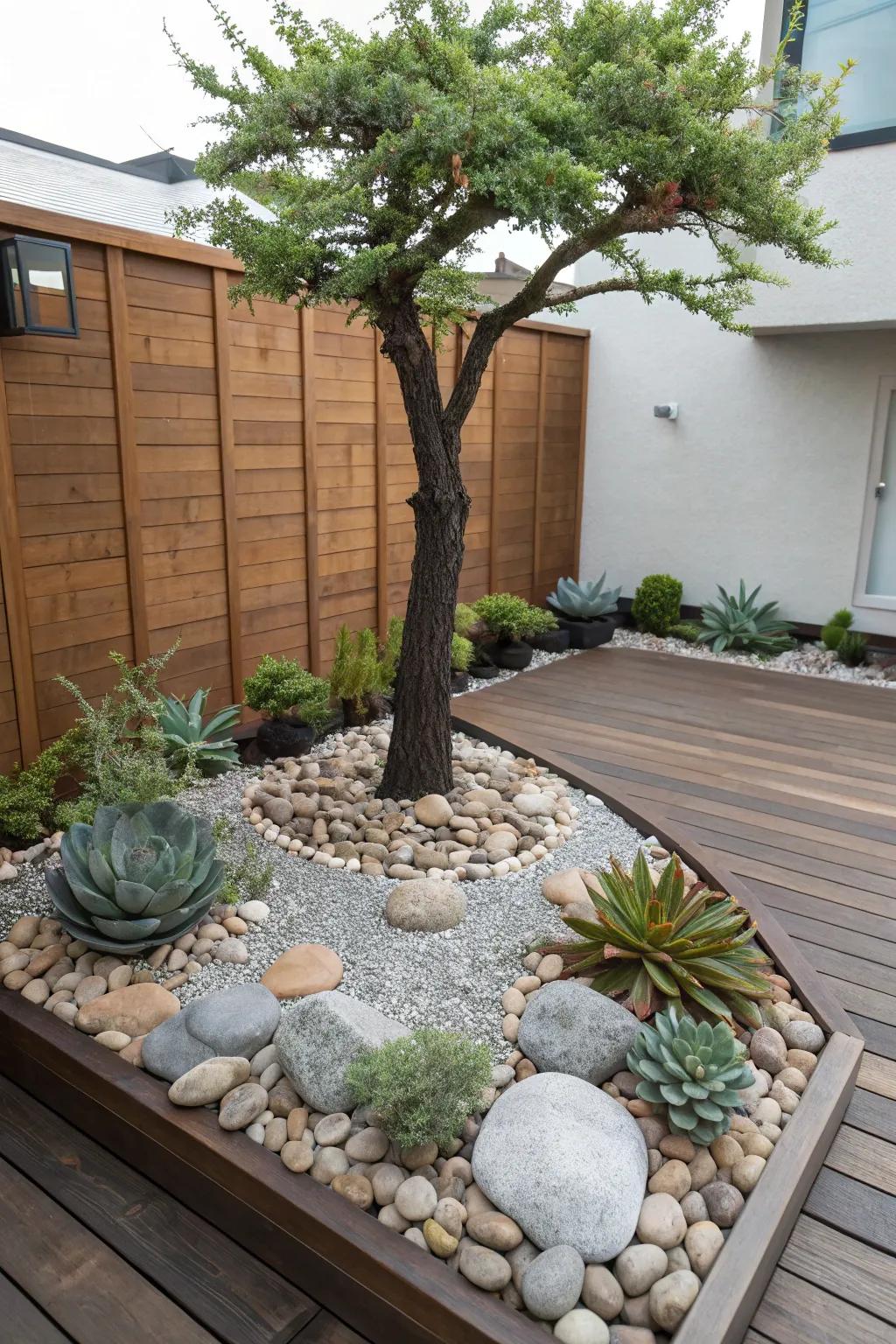 A Zen garden around the tree fosters a peaceful and meditative environment.