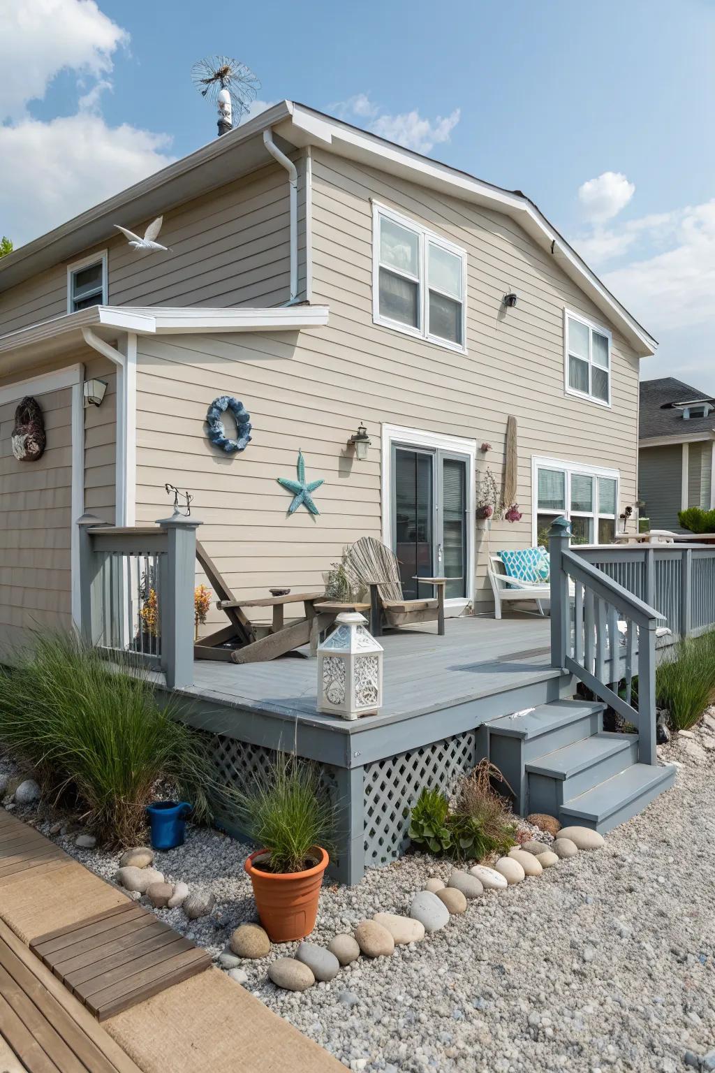 Pebble gray decks offer a breezy coastal charm.