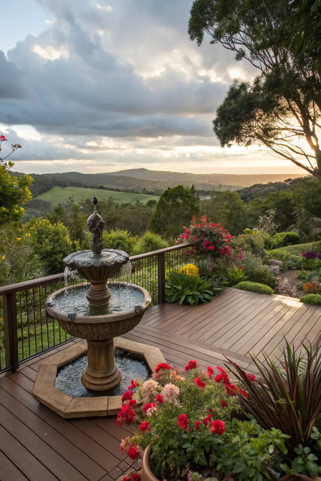 A serene deck complemented by a soothing water feature.