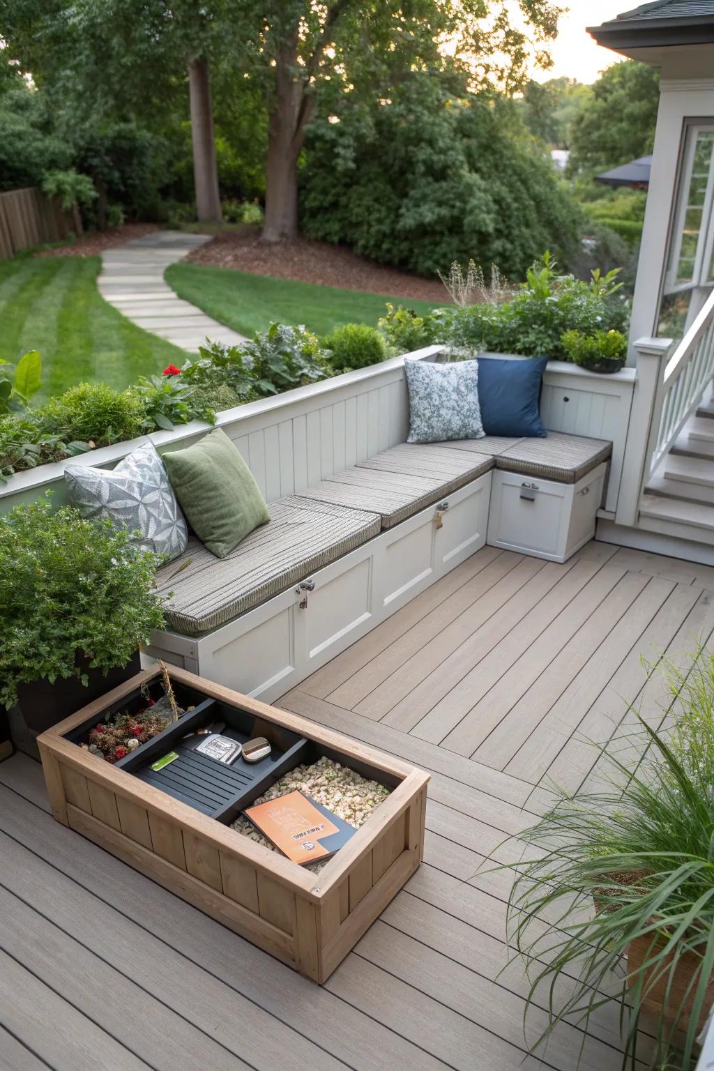 Deck landing with built-in seating and storage features.