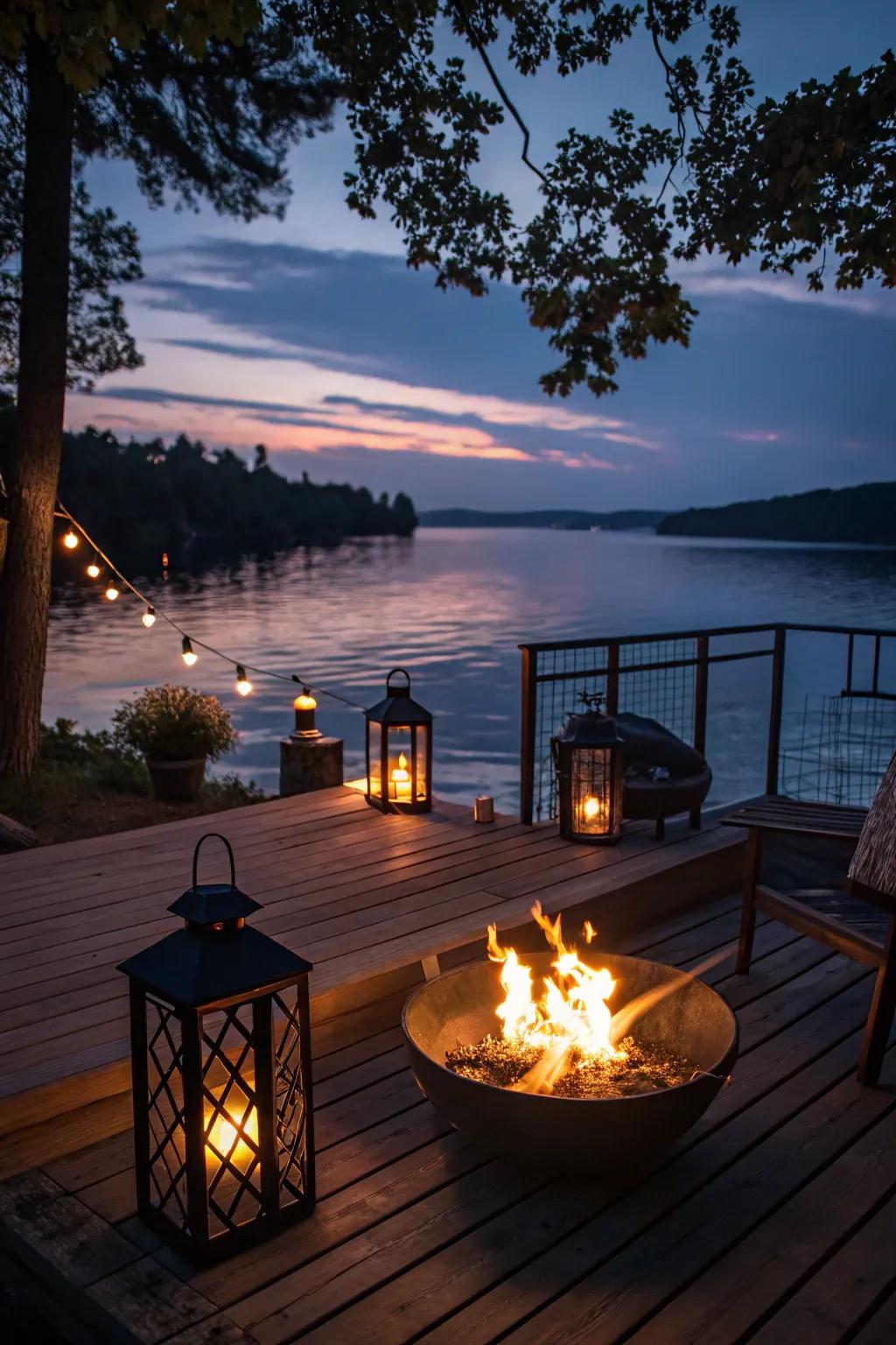 An inviting deck with ambient lighting and a fire pit.