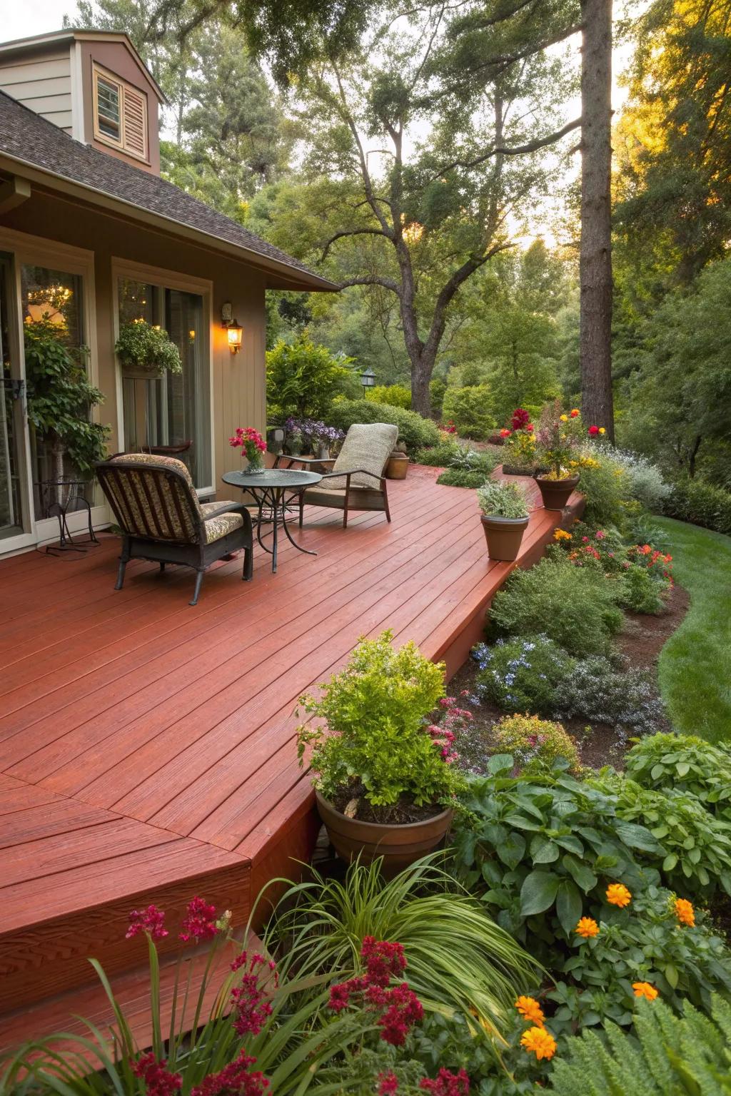 A vibrant redwood deck that beautifully contrasts with its green surroundings.