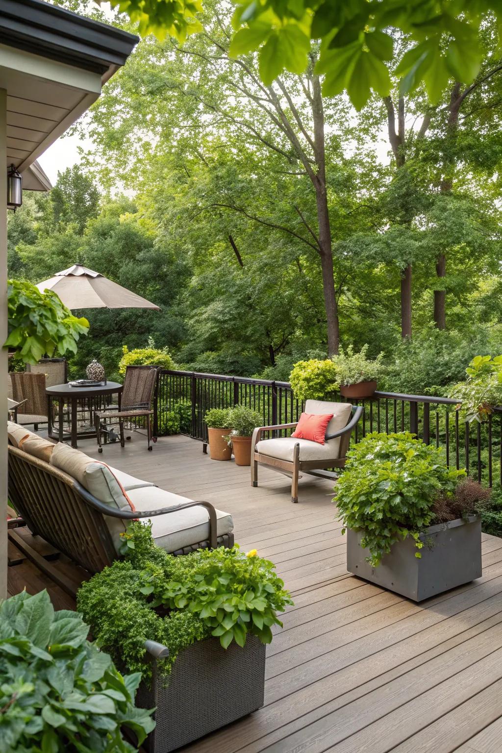 Greenery enhances the tranquility of the deck-patio area.