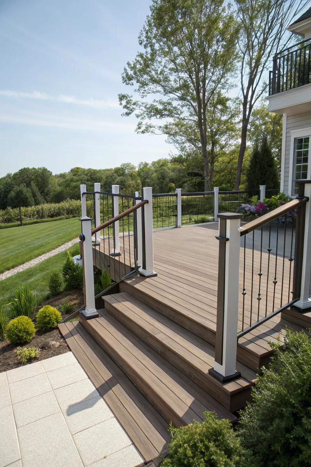Strategically placed posts along stairs ensure safety while enhancing the deck's design.