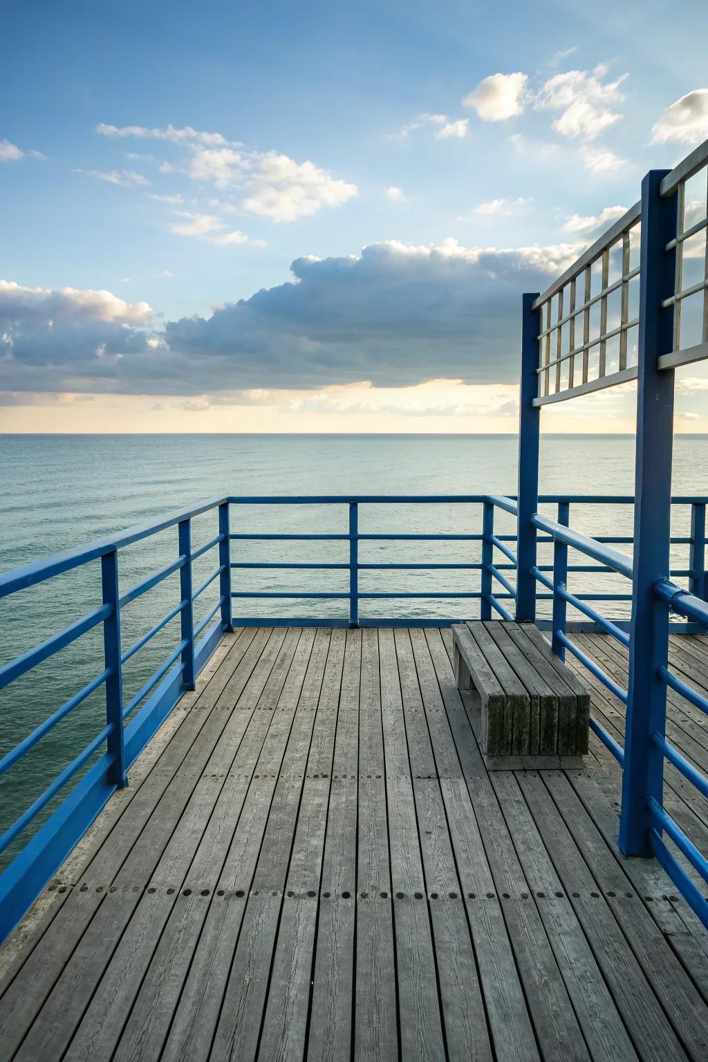 Deep blue railings offer a serene, calming effect.