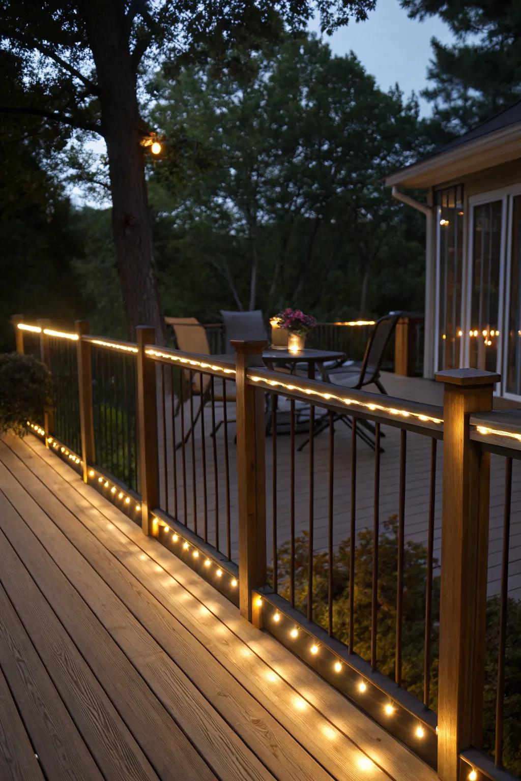 Under-railing lights add a subtle, elegant glow.