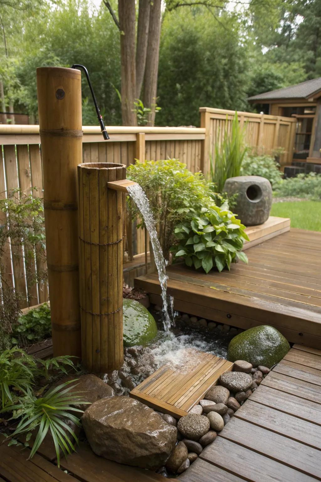 A bamboo fountain infuses tranquility into deck spaces.