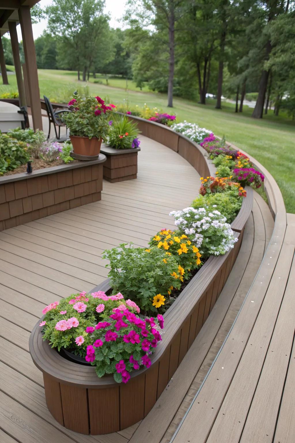 Curved planters add an artistic touch to deck designs.