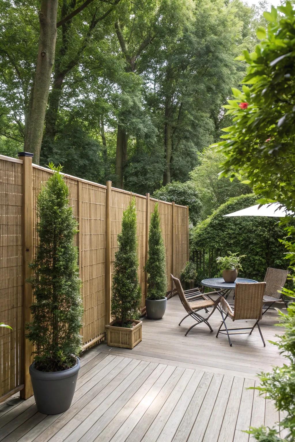 A naturally private deck area, achieved with bamboo screens and lush hedges.