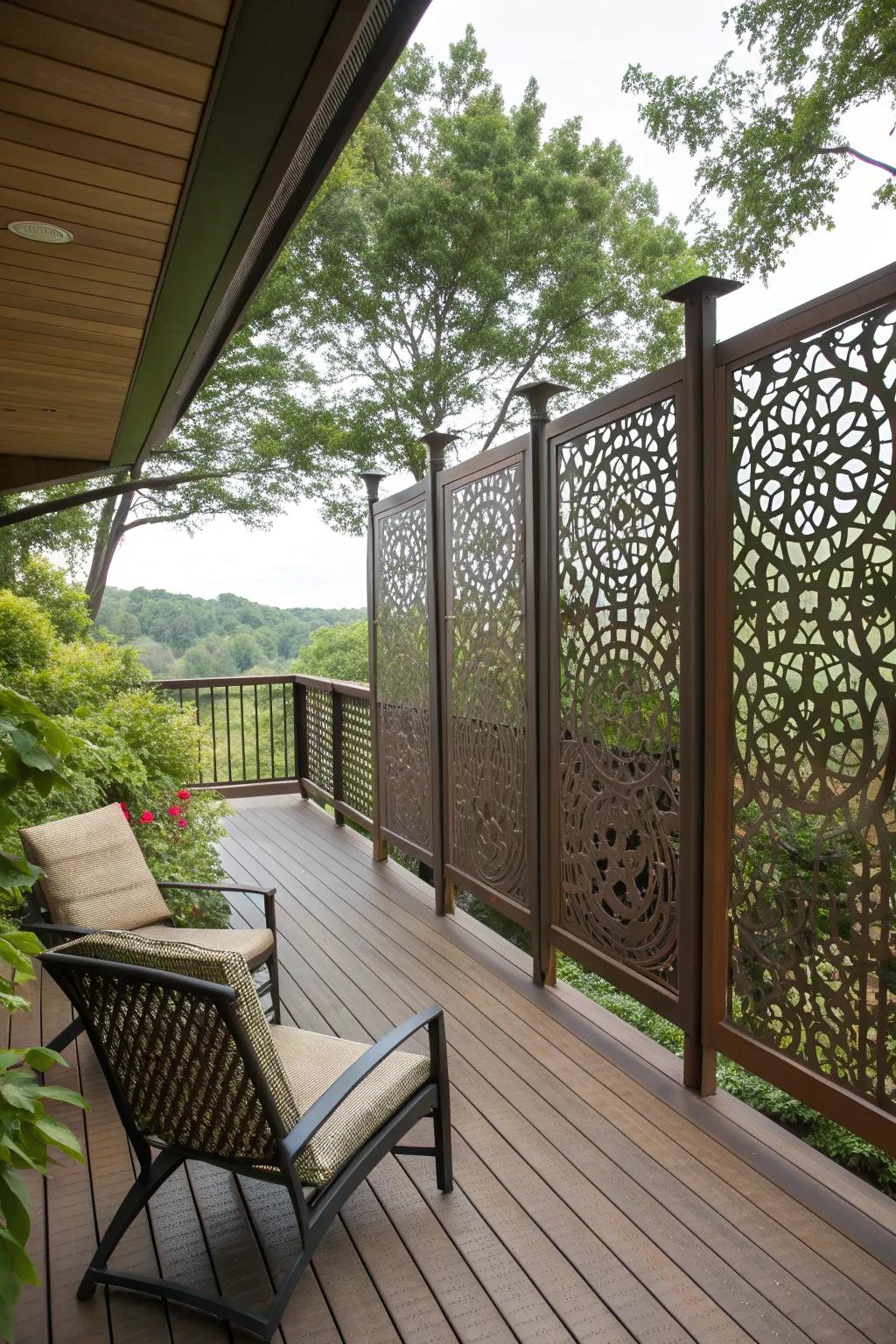 Decorative metal panels add an artistic touch and privacy to the deck.