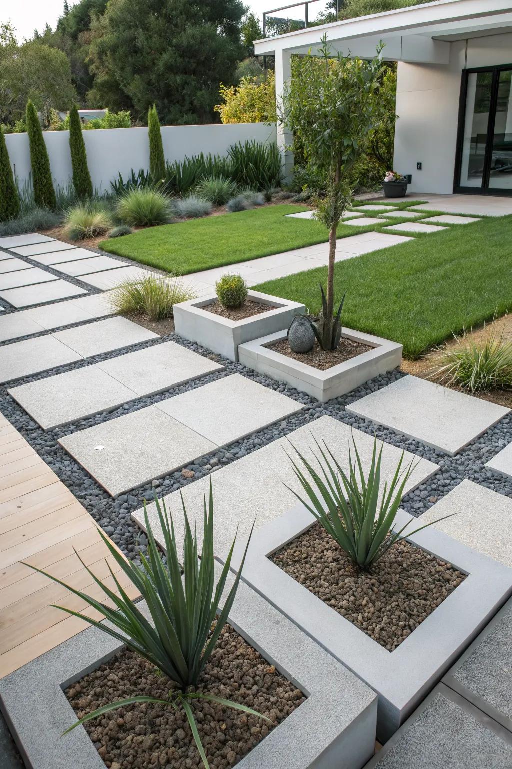 Add a contemporary touch with geometric landscaping elements.