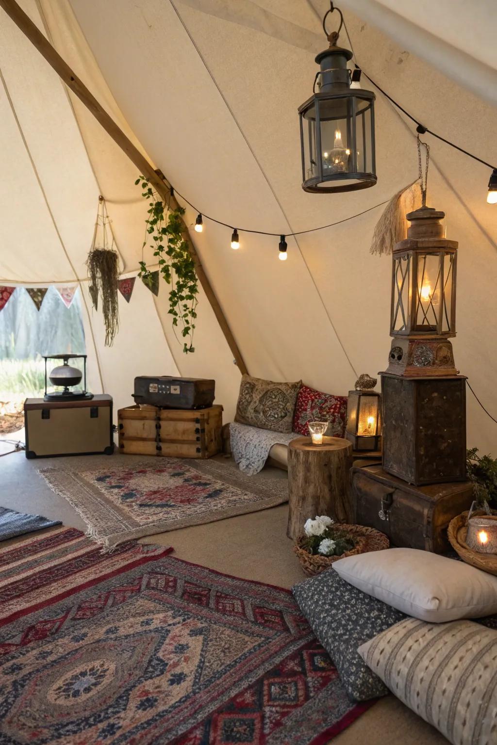 Vintage-themed decor transforms this tent into a 1920s speakeasy.