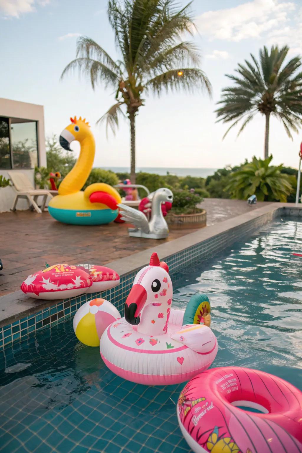 Inflatable toys add a pop of color and fun to the pool.