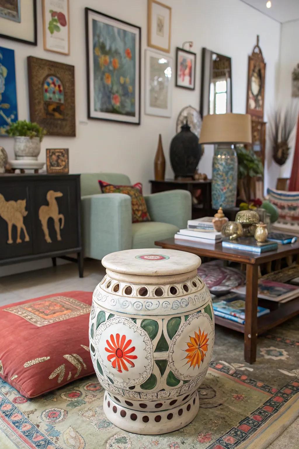 An eclectic space where an artistic garden stool becomes a centerpiece.