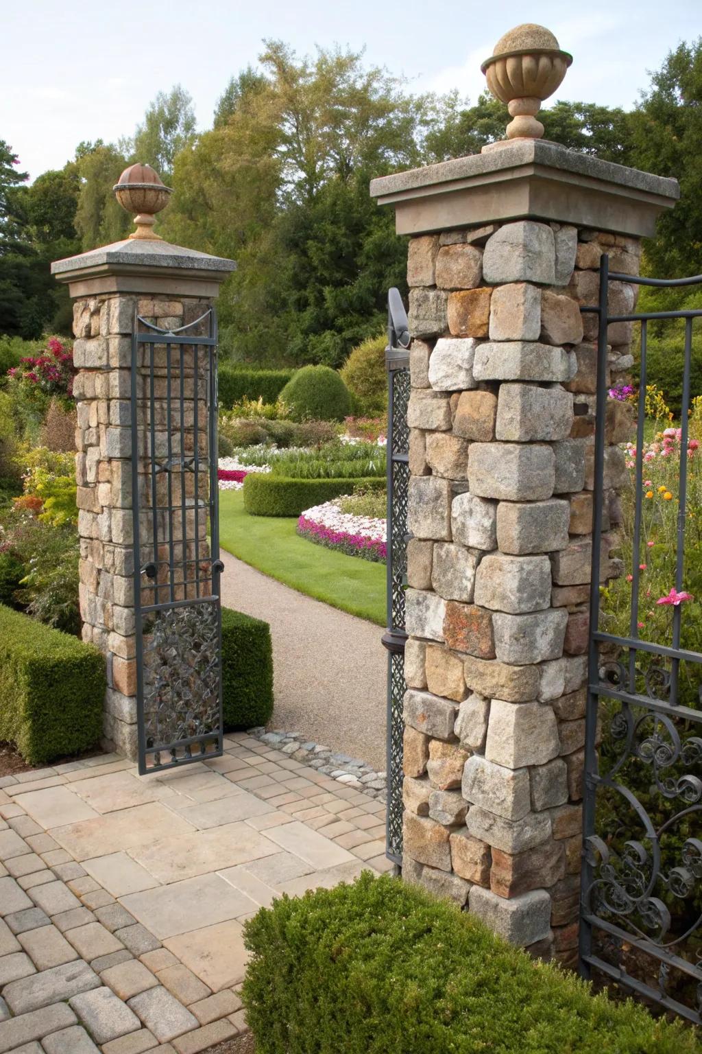 Gabion pillars frame this garden gate, adding style and presence to the entrance.