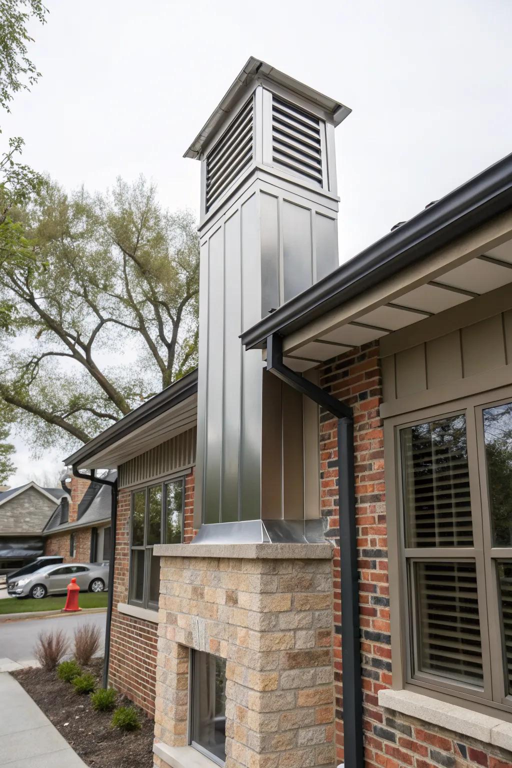 A metallic gable vent enhances the modern aesthetic of this industrial home.