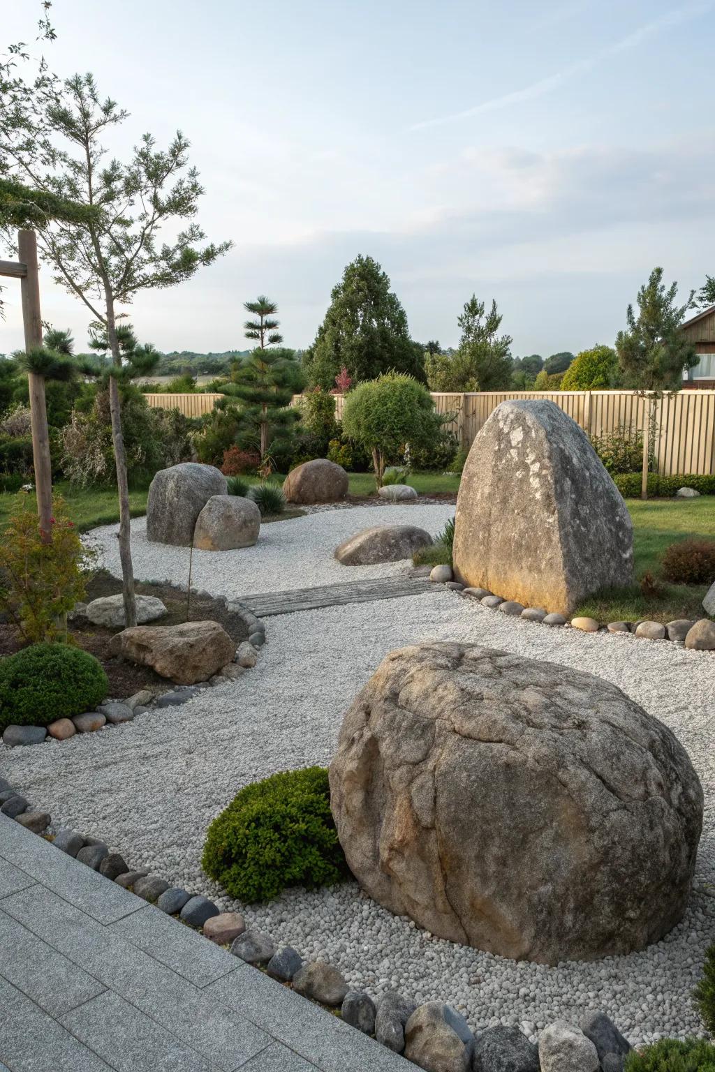 Boulders serve as focal points in a gravel-rich garden.