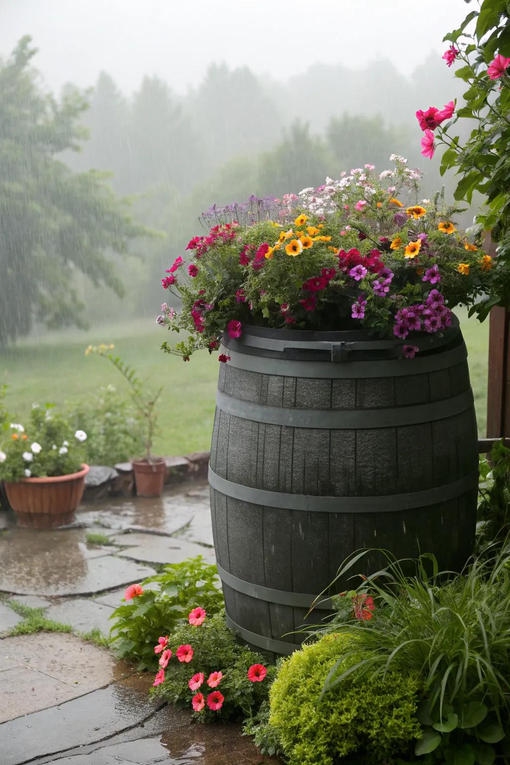 Double duty: A rain barrel with a planter top.