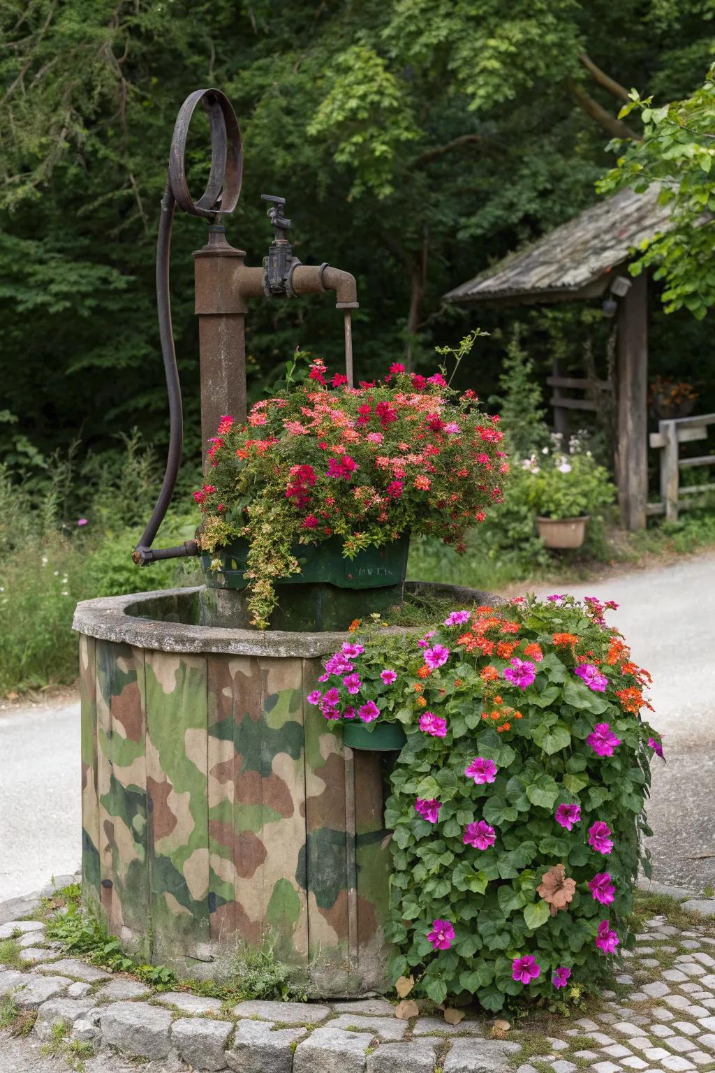 A planter filled with flowers provides a colorful cover.