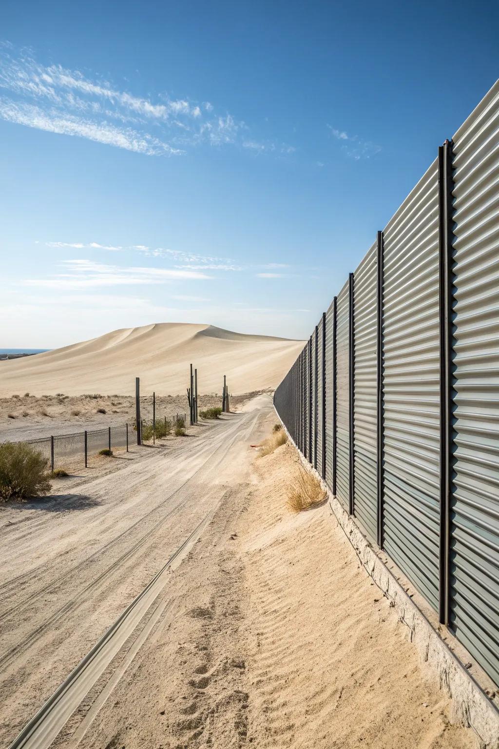 A corrugated metal sheet fence offers modern practicality.