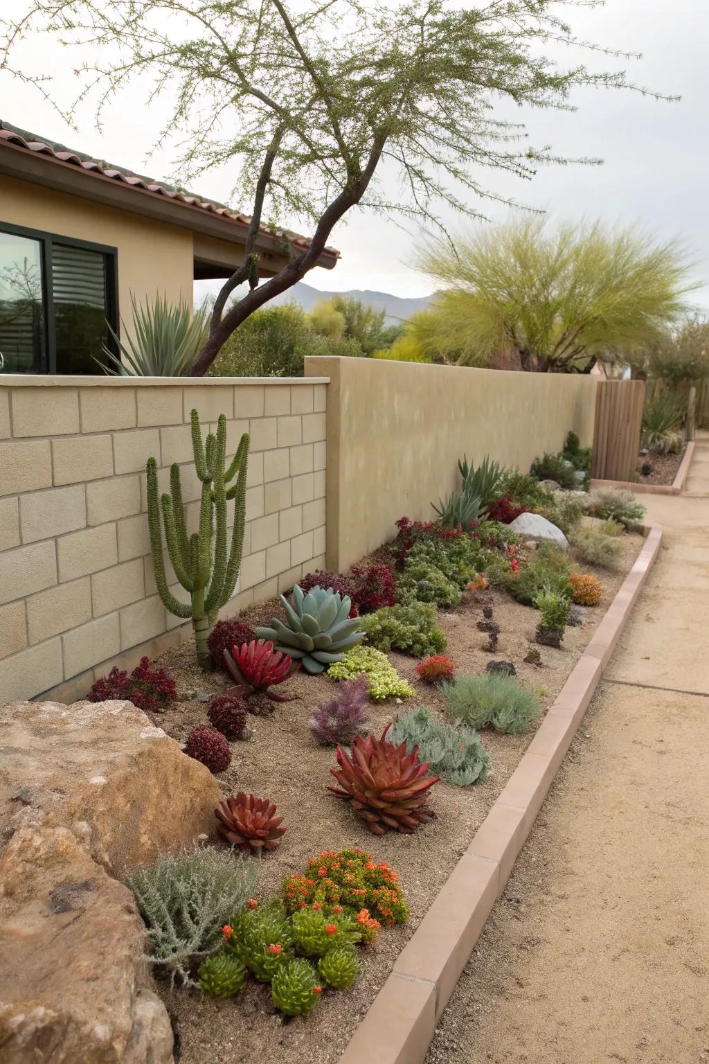 A charming succulent nook adds interest to this desert front yard.