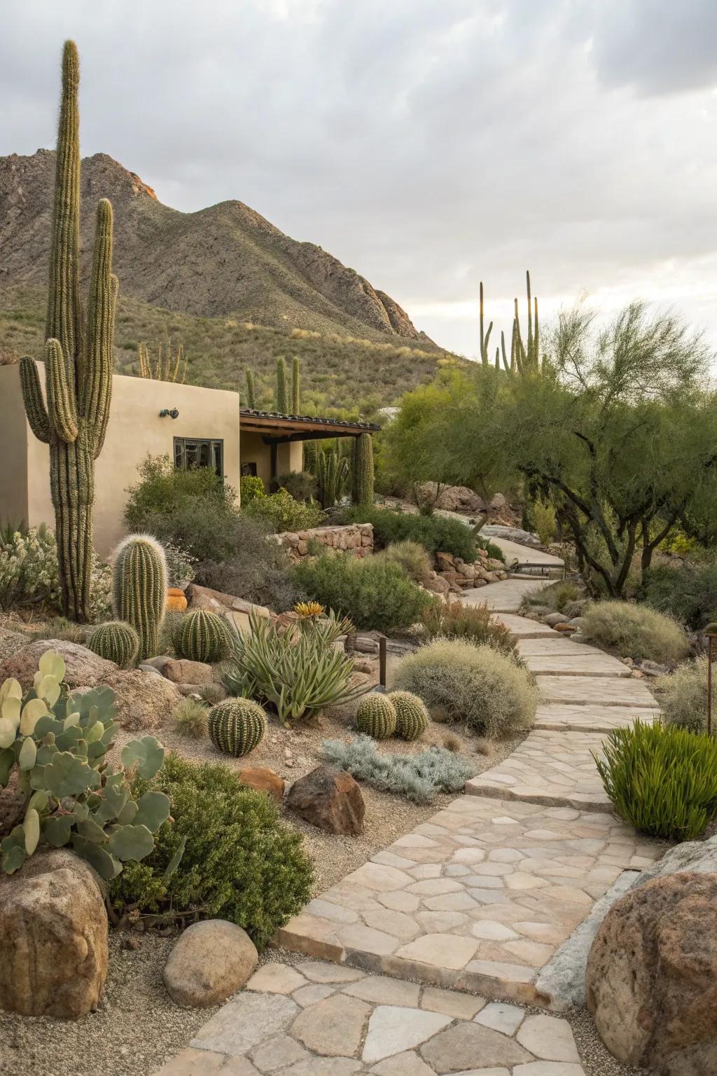 A harmonious integration with surroundings in a desert garden.