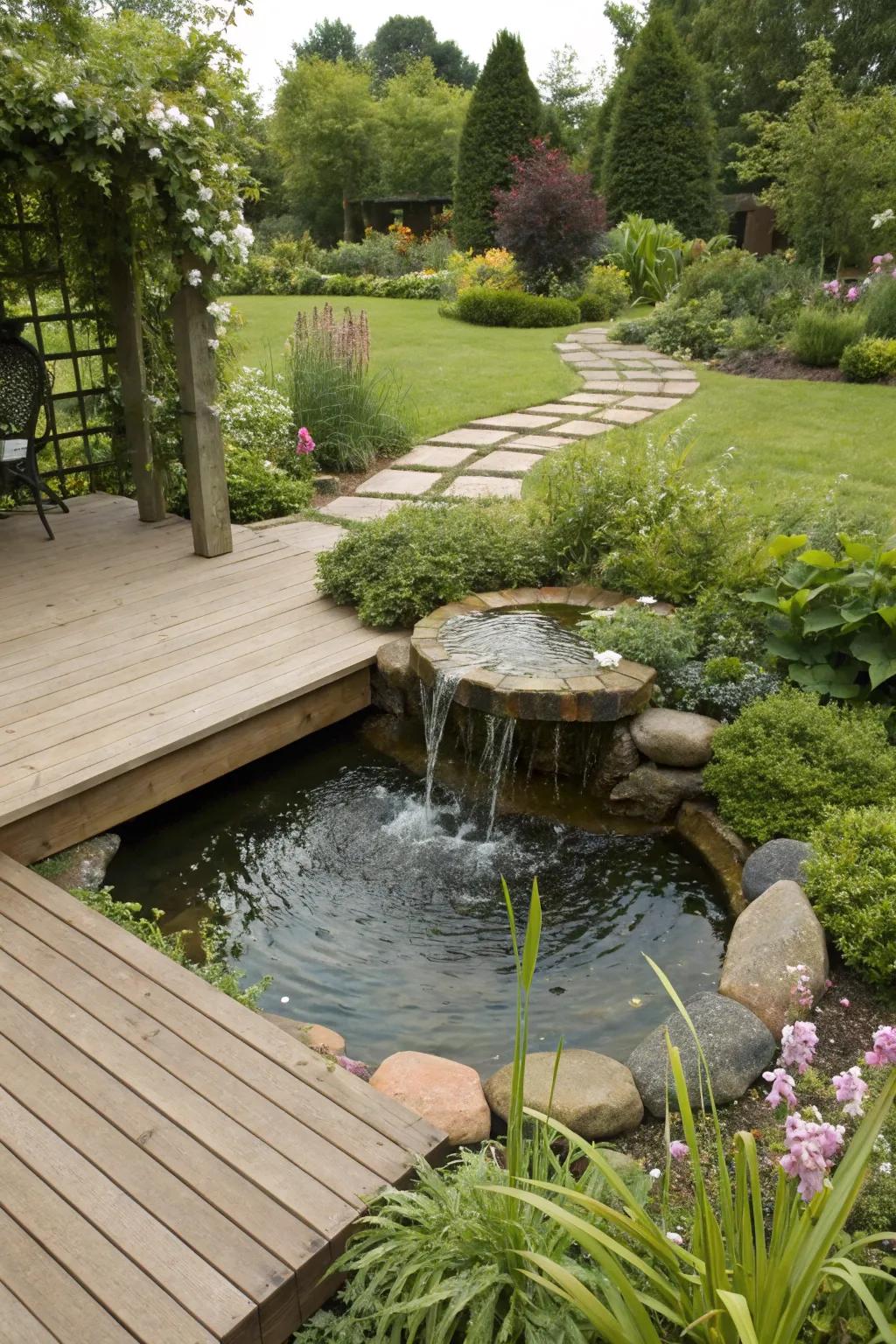 Water features introduce a serene and calming element to decks.