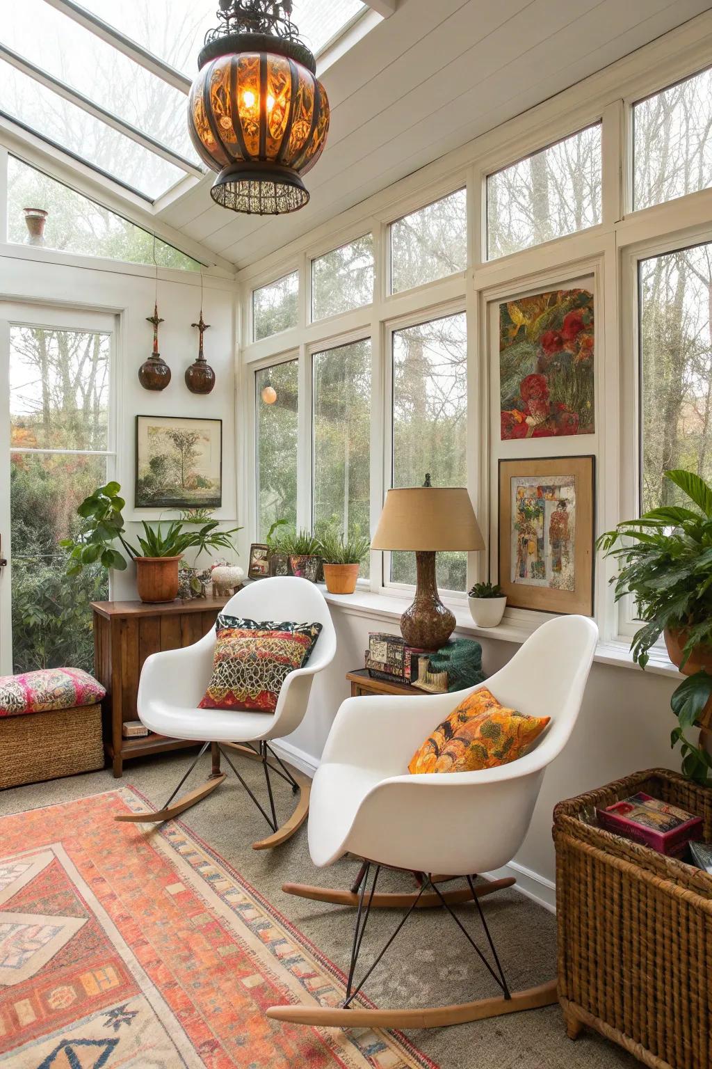 Eclectic sunroom featuring a blend of styles.