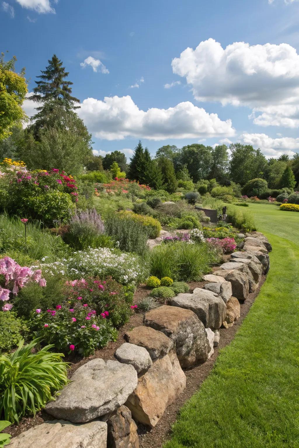 Creative borders with rocks or bricks add structure to garden areas.