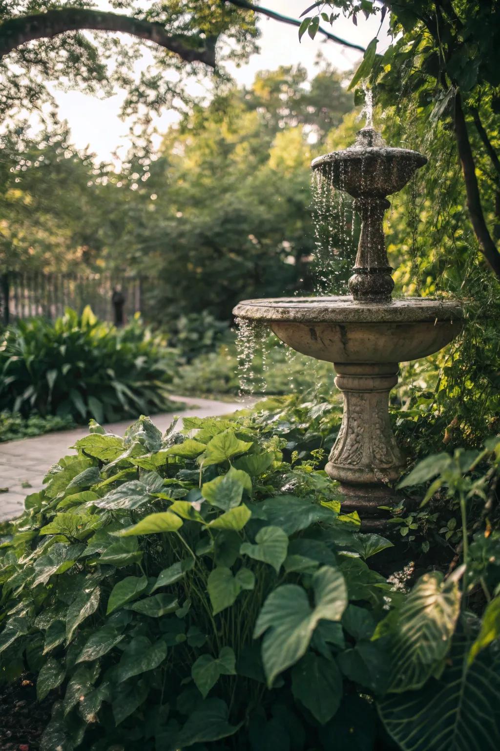 A disappearing fountain surrounded by lush greenery creates a plant paradise.