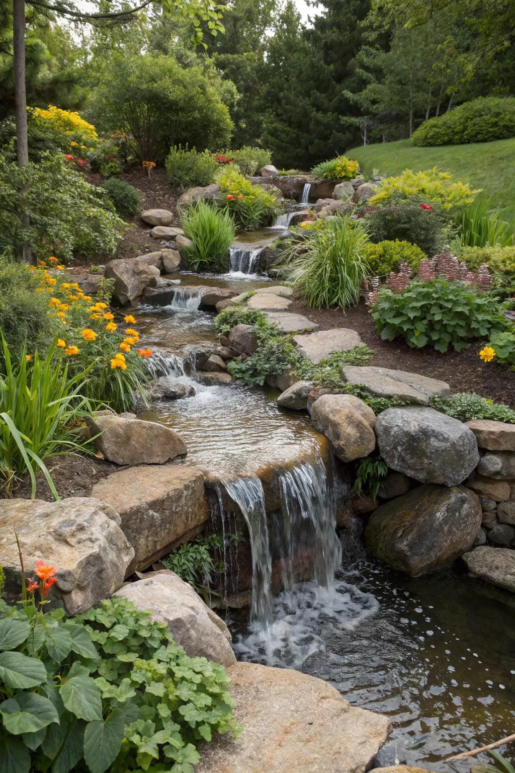 A waterfall feature adds drama and tranquility to your garden.