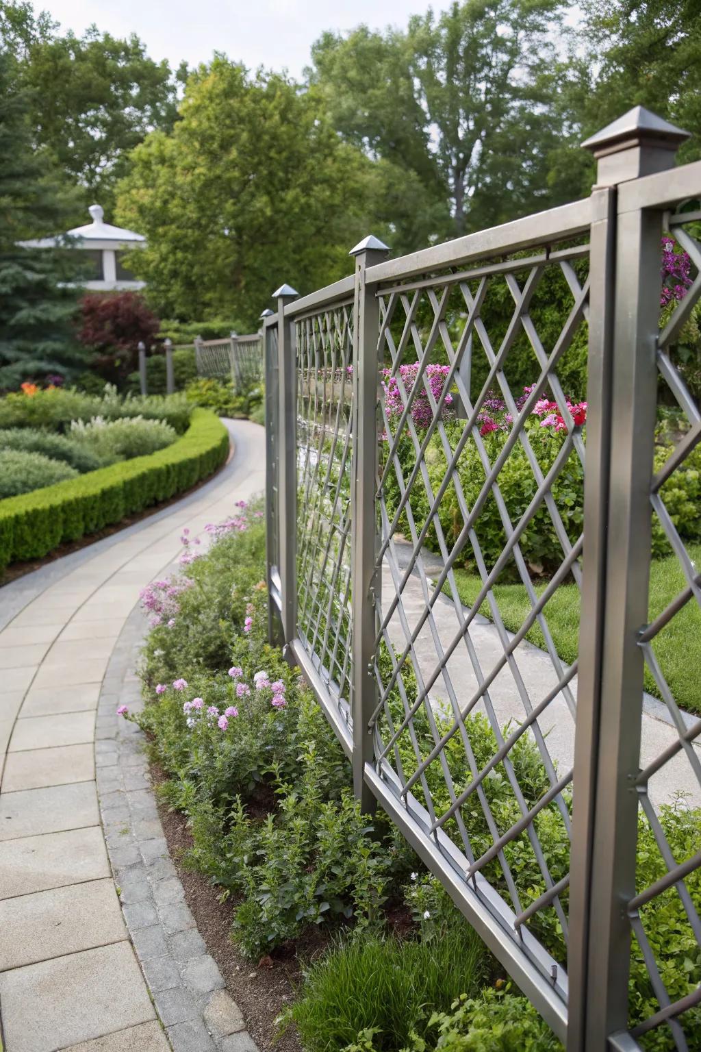 Metal lattice provides a modern and sturdy fencing option.