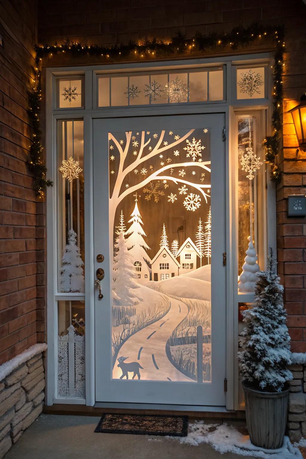 A whimsical snowy village scene decorates the door.