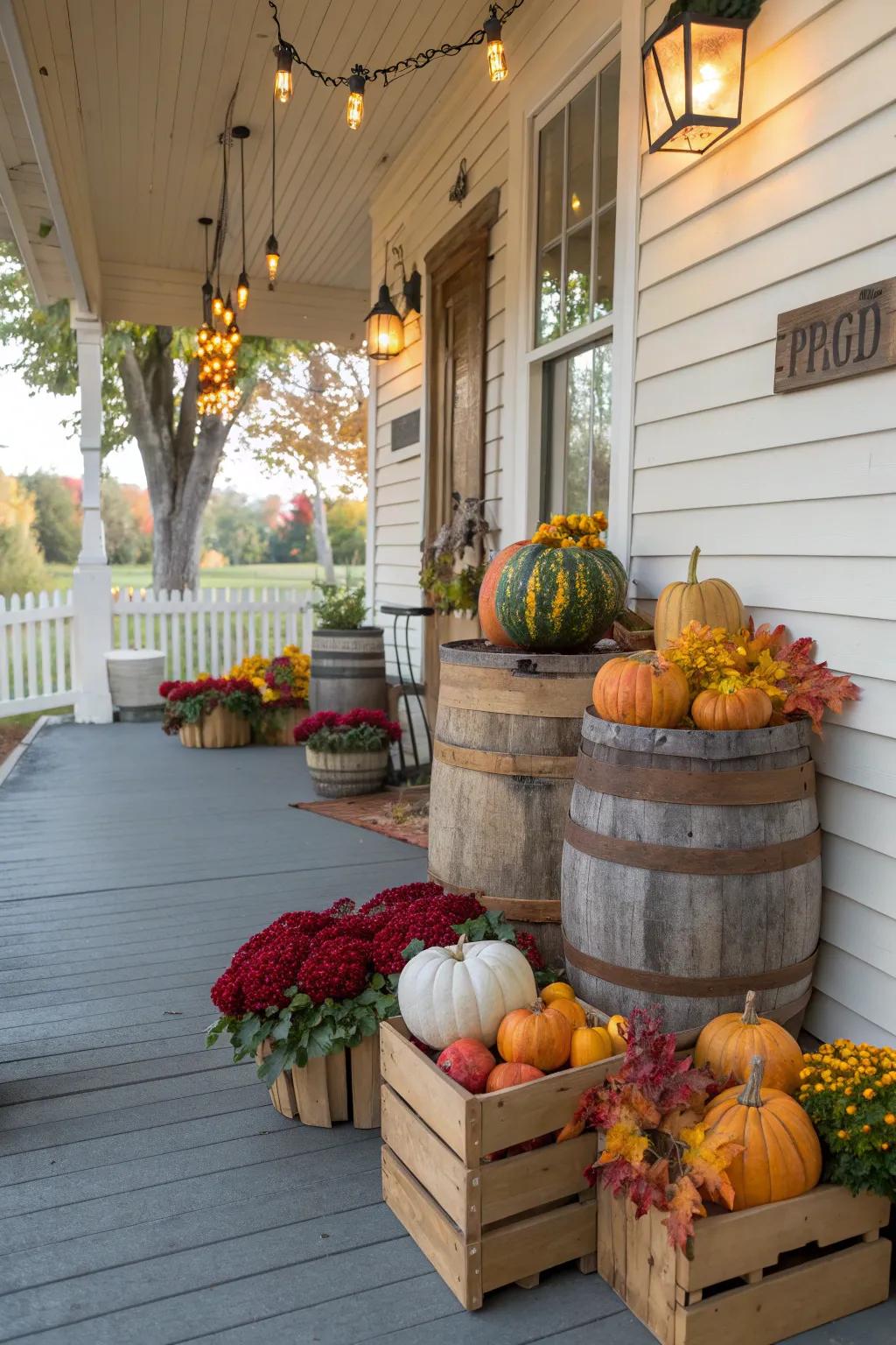 Adding depth with rustic barrels and crates.