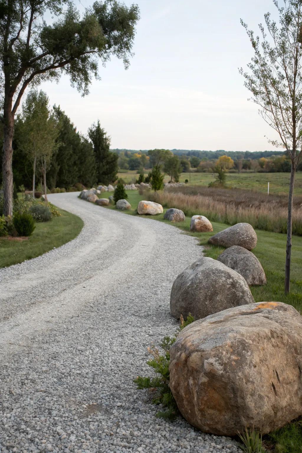 Boulders create a powerful visual statement along driveways.