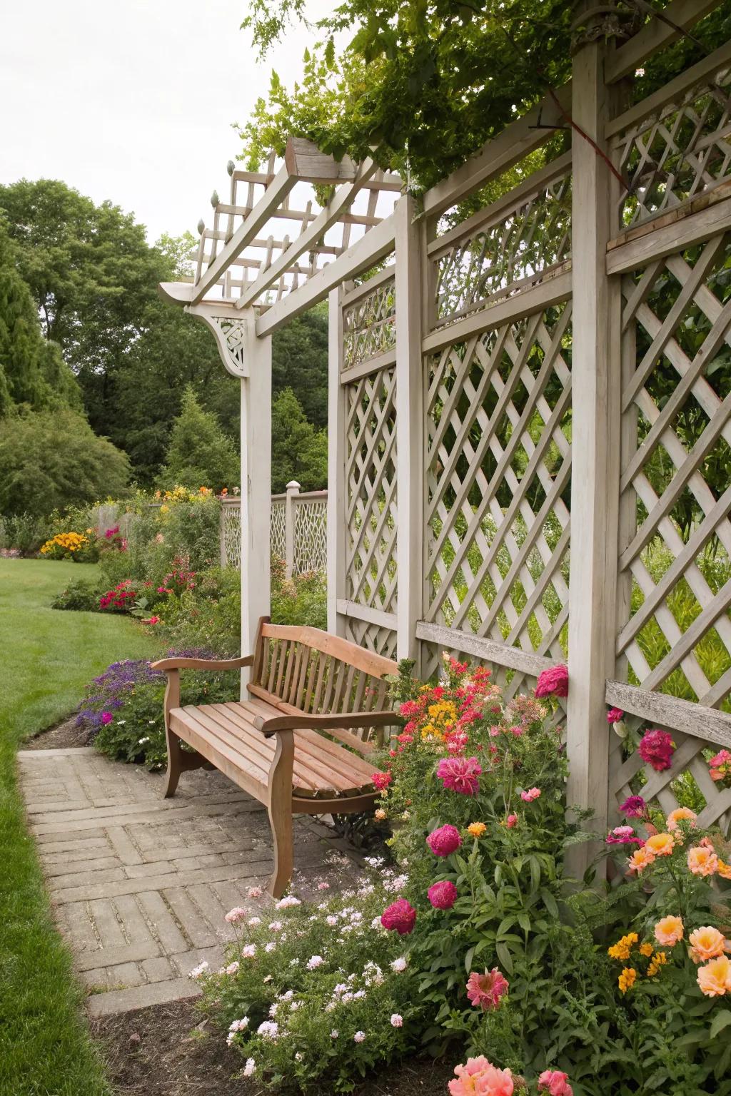Relax in style with a lattice fence featuring a built-in bench.