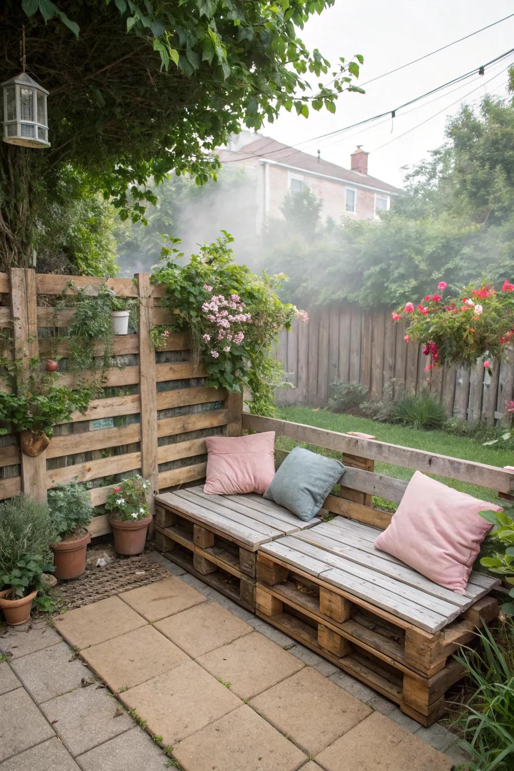 Maximize space with a pallet fence and built-in benches.