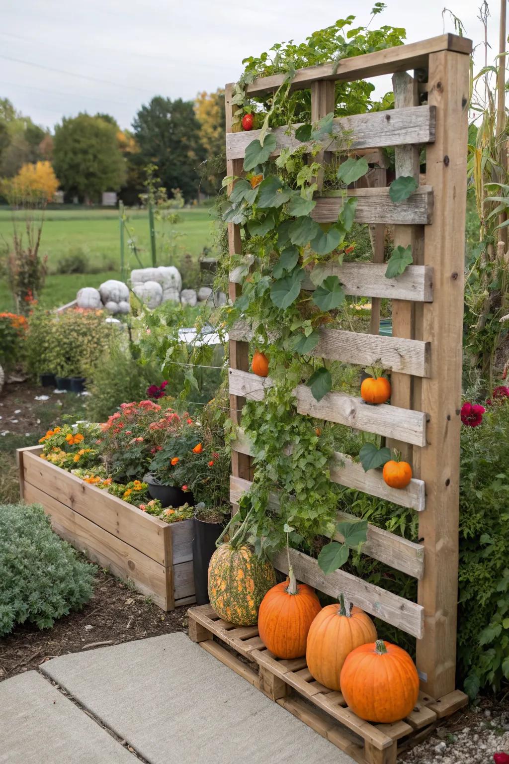 An upcycled pallet trellis offers a sustainable solution for pumpkin growing.